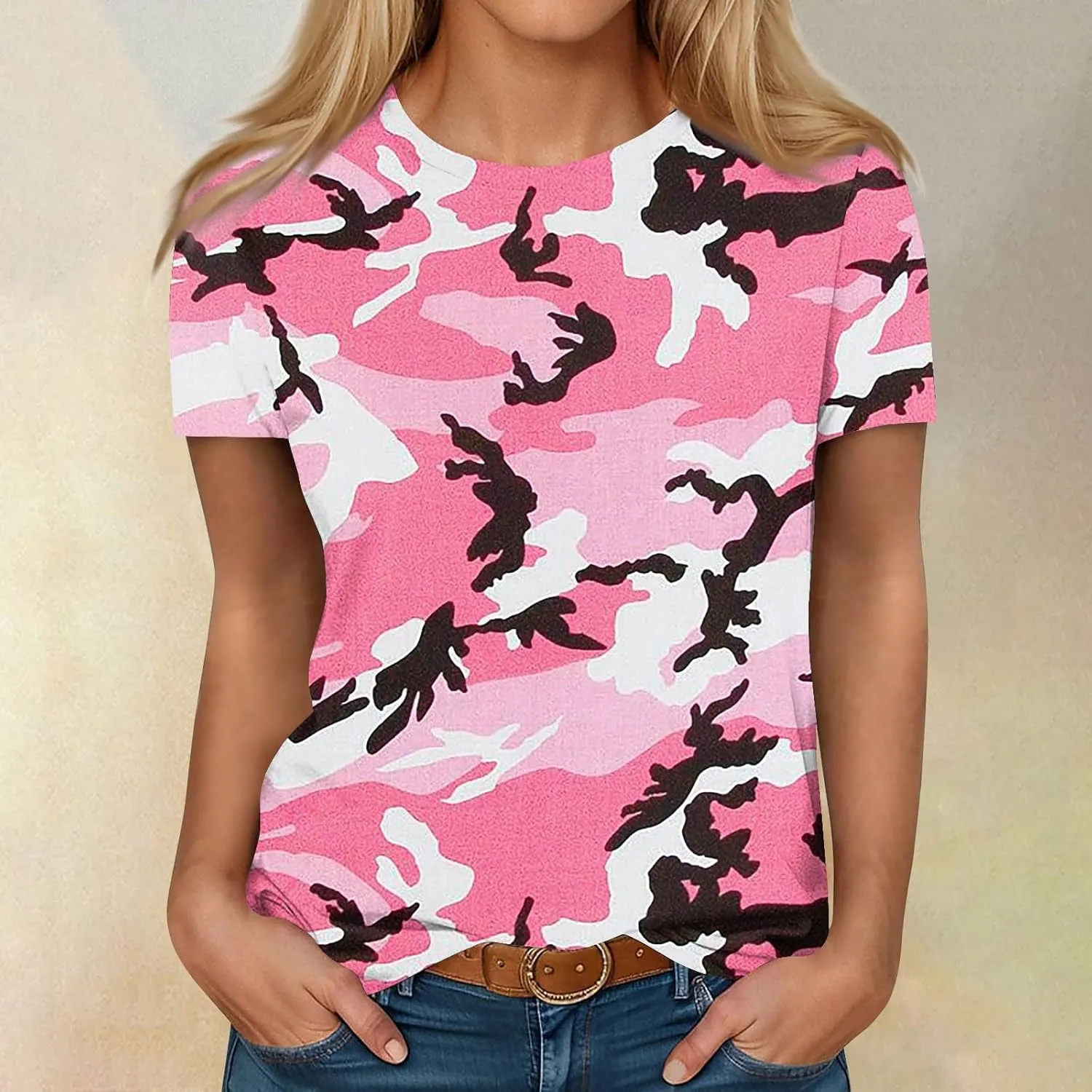 T Shirts for Women Camouflage Print Cute Going Out Tops Short Sleeve Crew Neck Shirts Blouses Casual Clothes Trendy S-5xl