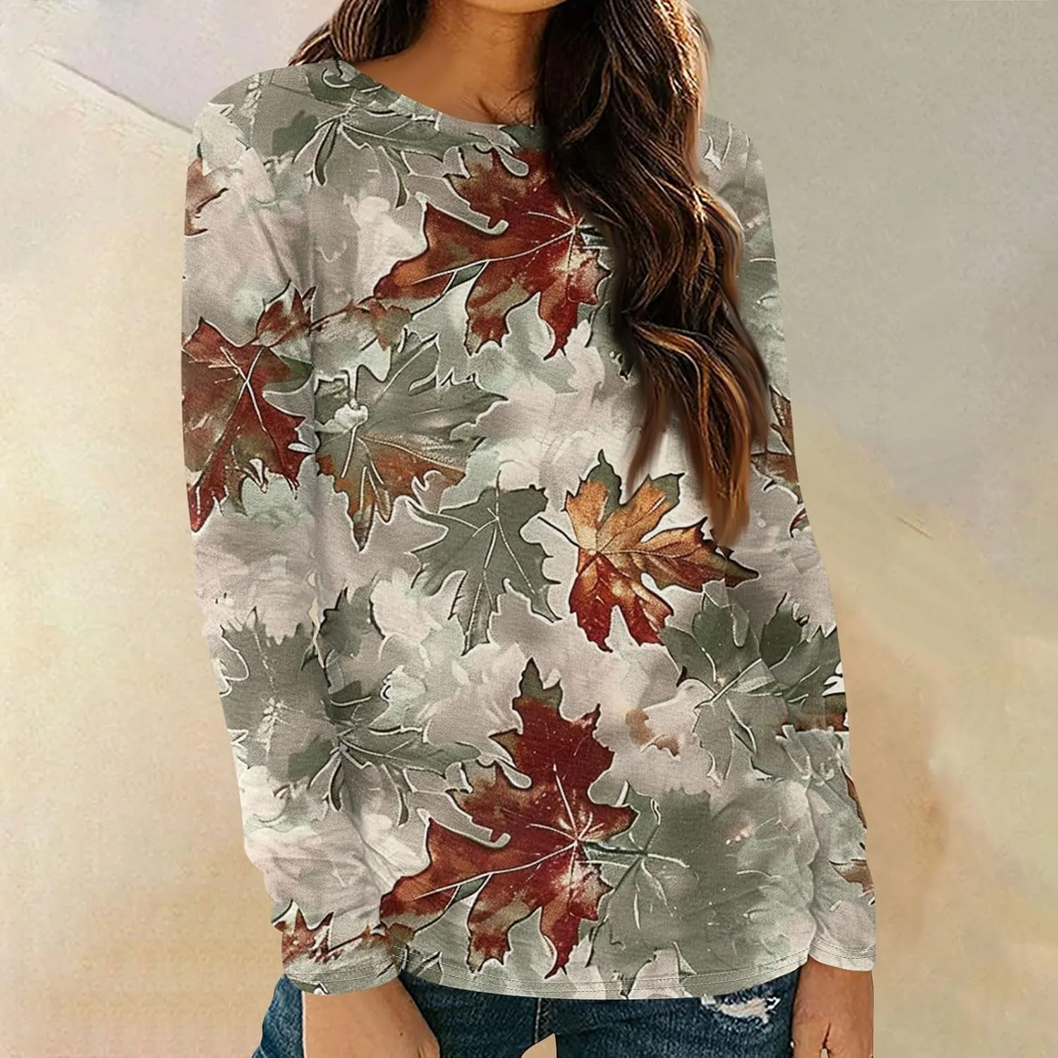 T Shirts for Women Crew Neck Tunic Outfits Sports Fan Gradient Long Sleeves Top Thin Vacation T Shirts