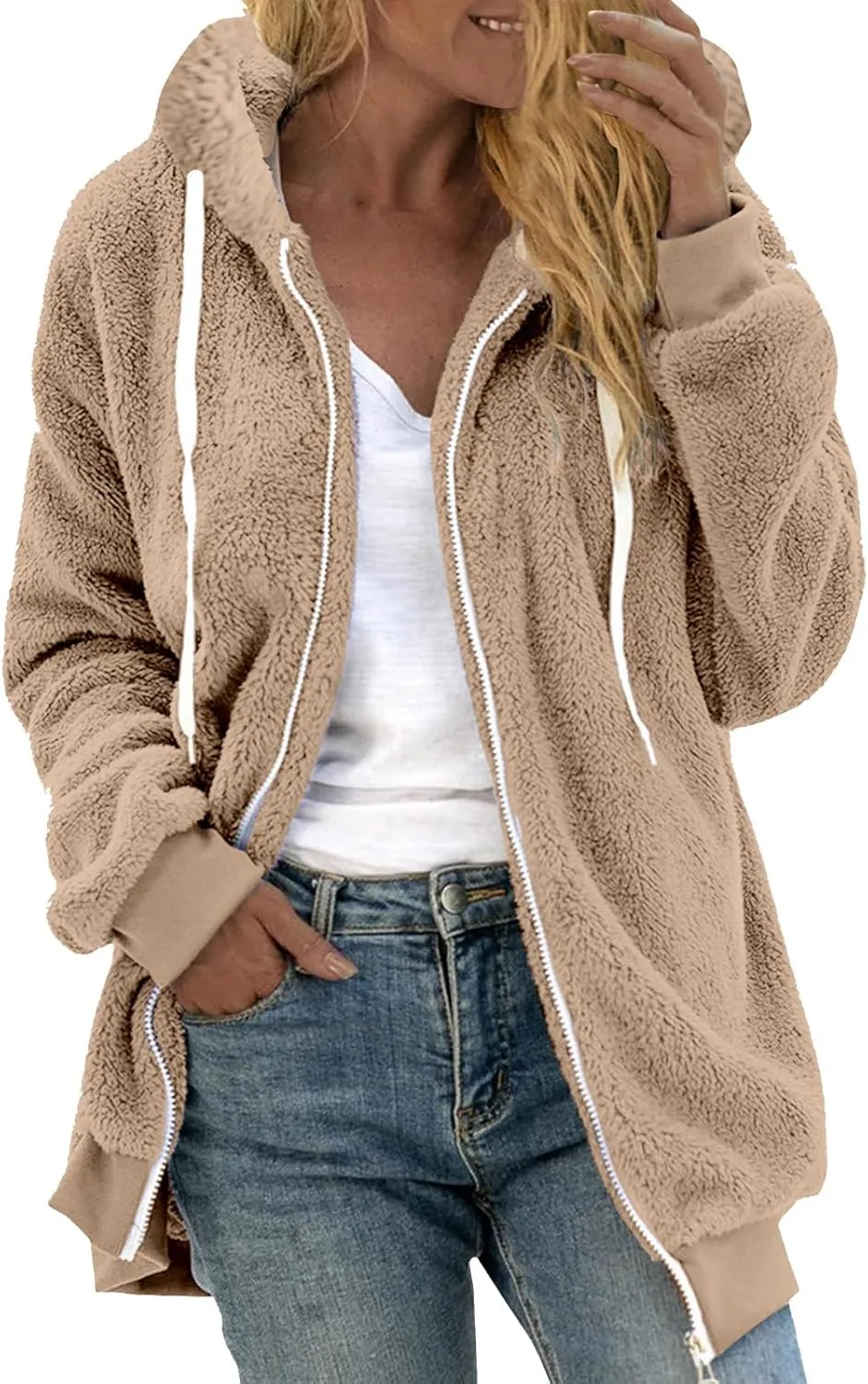 TANGNADE Cute Jackets for Women Trendy Plus Size Winter Fuzzy Fleece Coats Comfy Warm Zip Up Hoodies Outwear