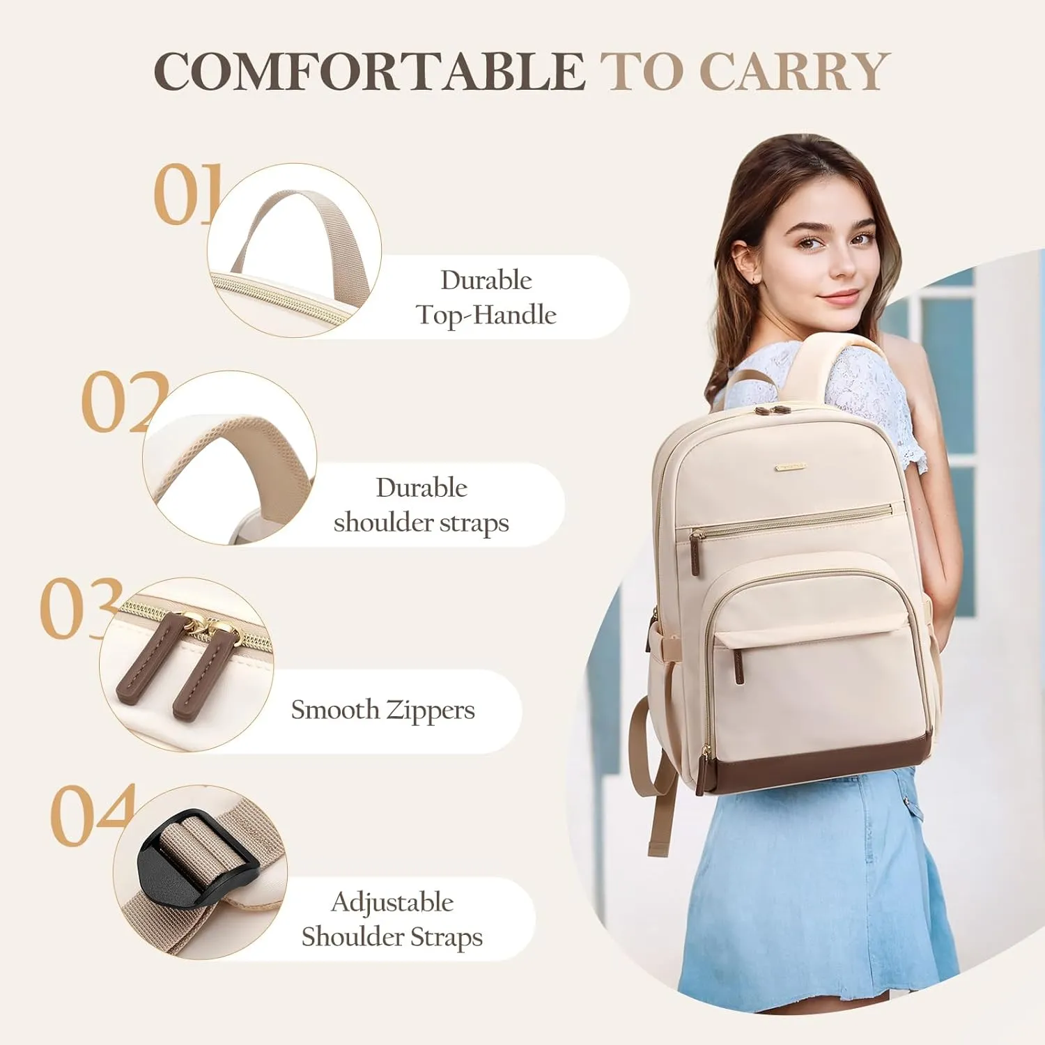 TENSTAR Laptop Backpack for Women, Computer Backpack Fit 16 Inch Notebook, Large Capacity Backpack Women Casual Daypack for Travel, Beige