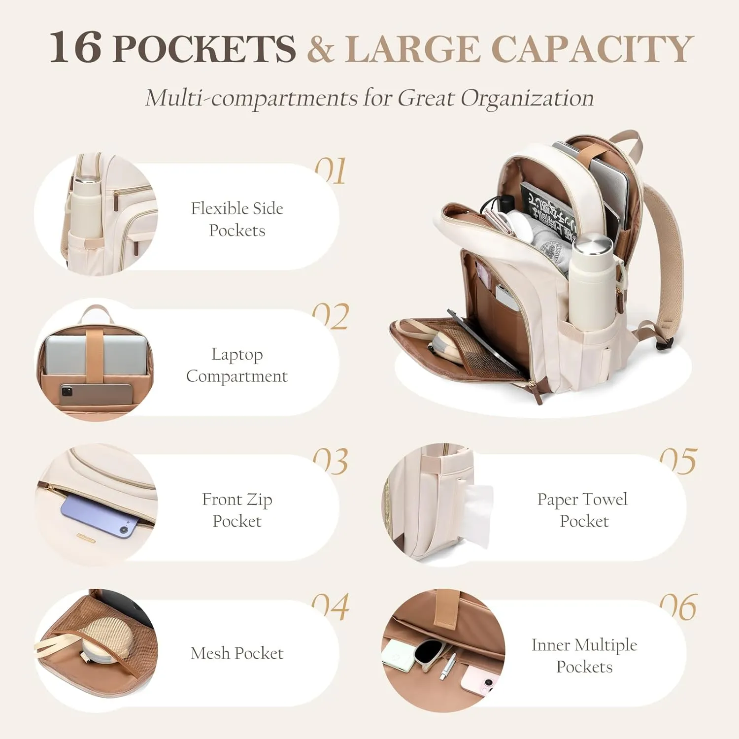 TENSTAR Laptop Backpack for Women, Computer Backpack Fit 16 Inch Notebook, Large Capacity Backpack Women Casual Daypack for Travel, Beige