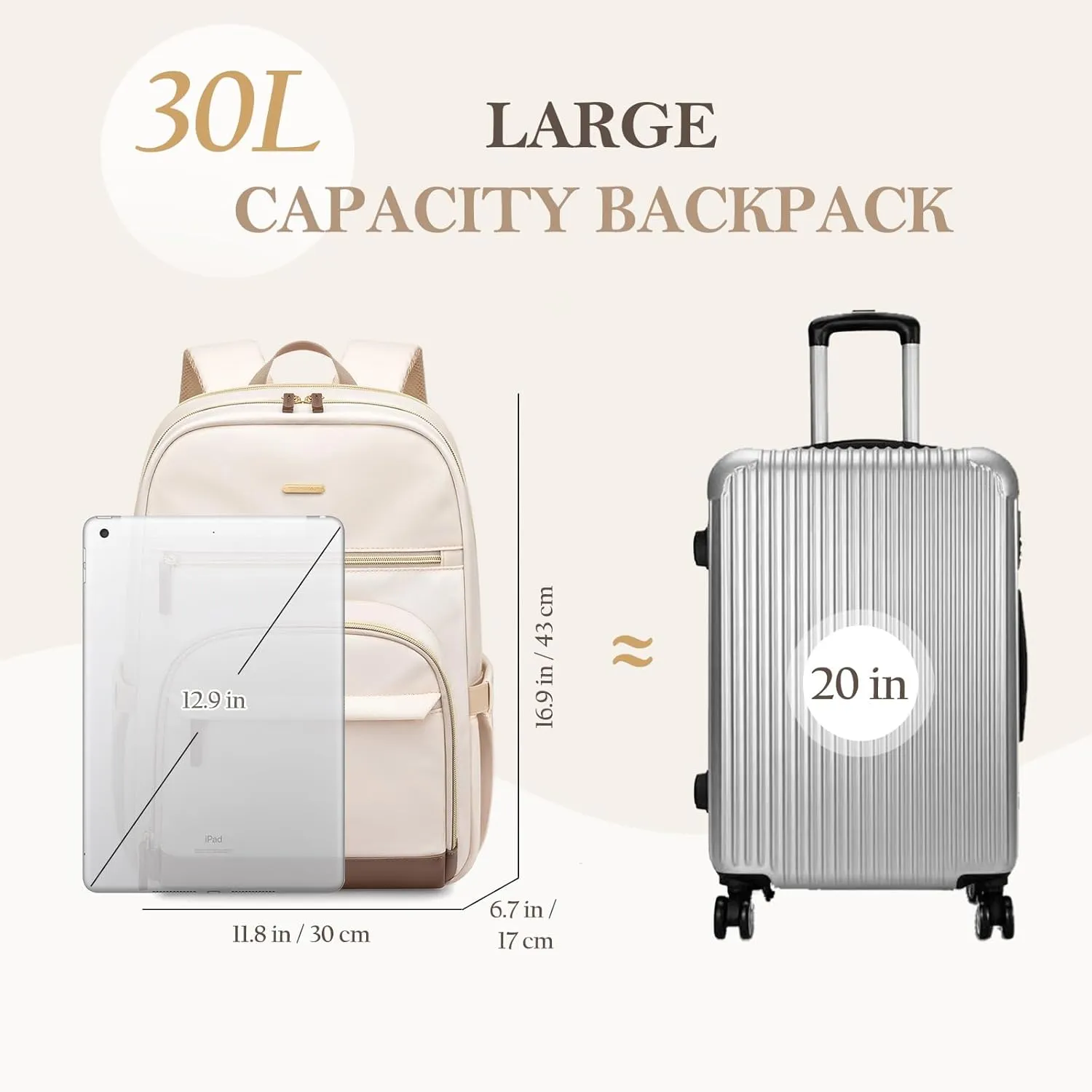 TENSTAR Laptop Backpack for Women, Computer Backpack Fit 16 Inch Notebook, Large Capacity Backpack Women Casual Daypack for Travel, Beige
