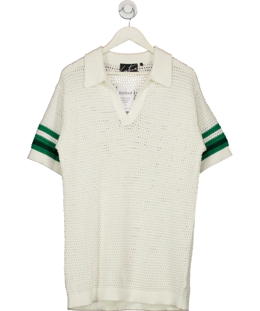 The Couture Club White Stripe Crochet Knitted Polo Shirt UK M