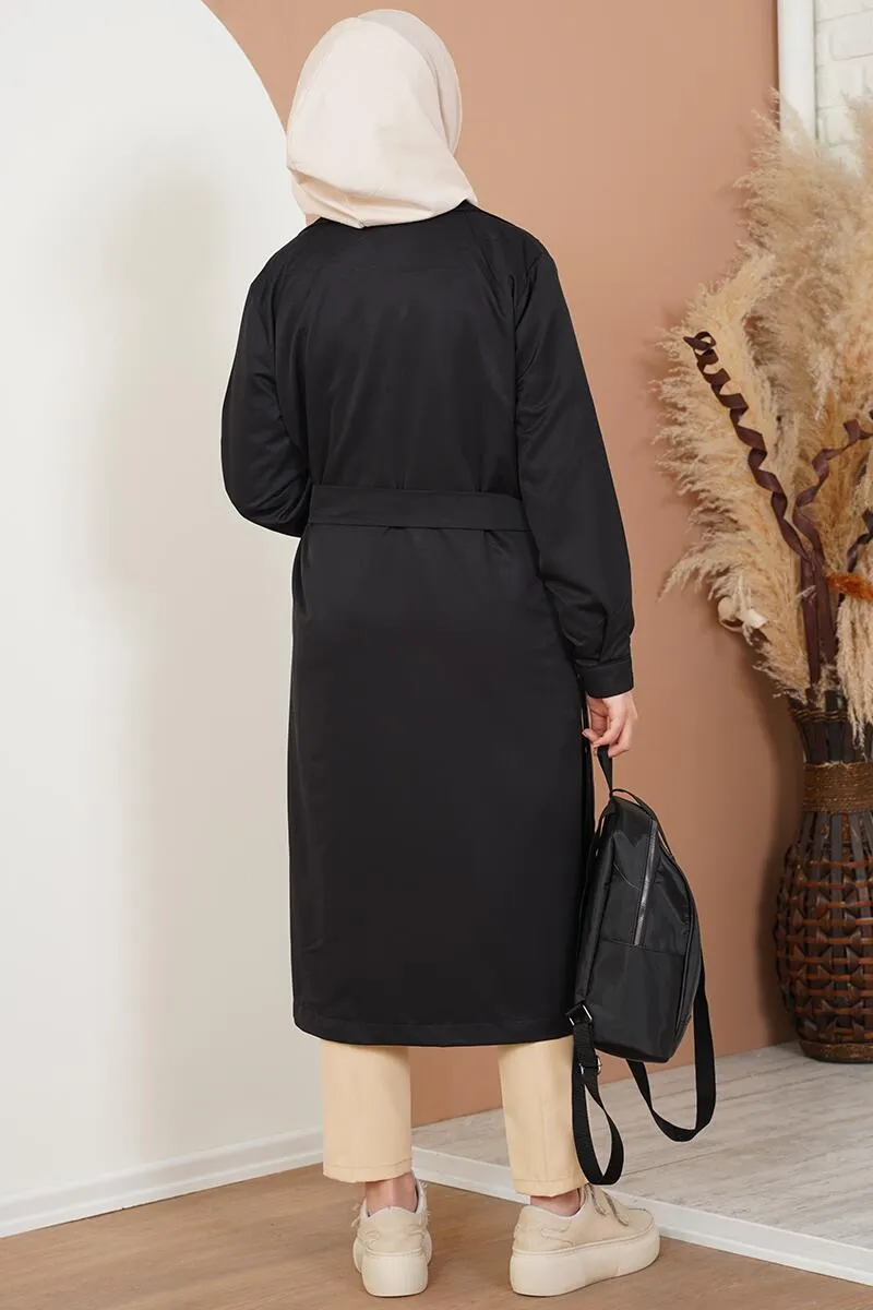 Three-Button Double-Breasted Trench Coat - Black