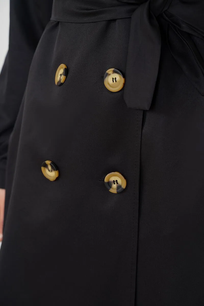 Three-Button Double-Breasted Trench Coat - Black