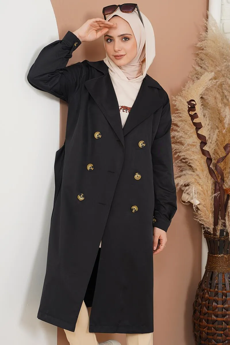 Three-Button Double-Breasted Trench Coat - Black