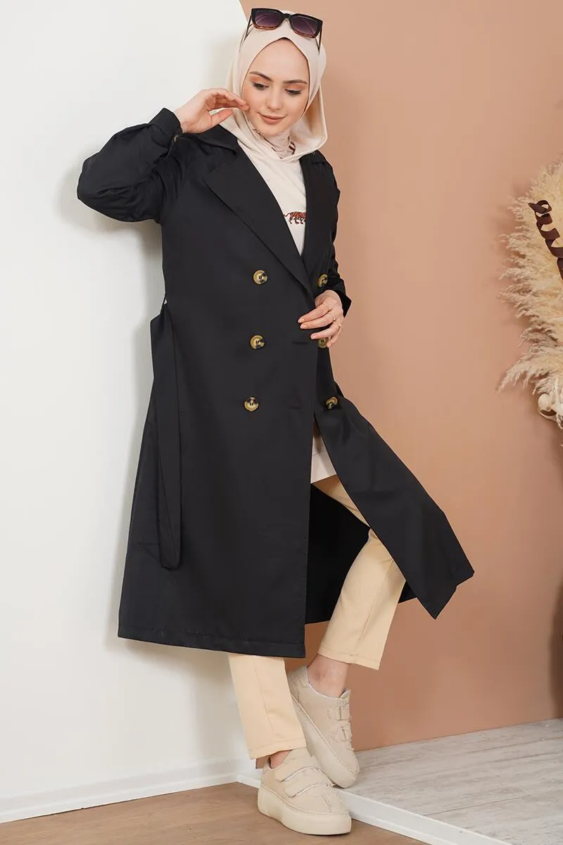 Three-Button Double-Breasted Trench Coat - Black