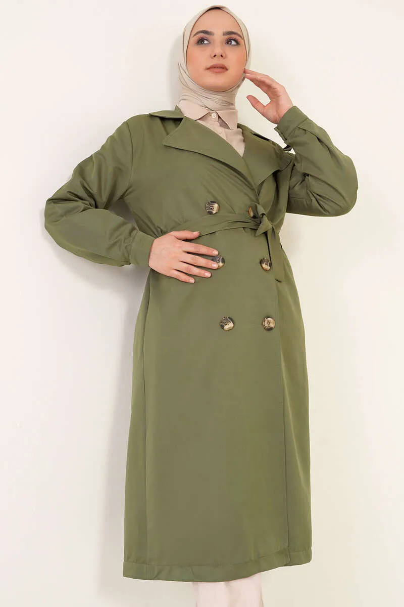 Three-Button Double-Breasted Trench Coat - Khaki