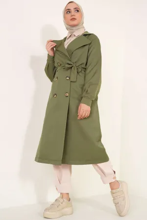 Three-Button Double-Breasted Trench Coat - Khaki