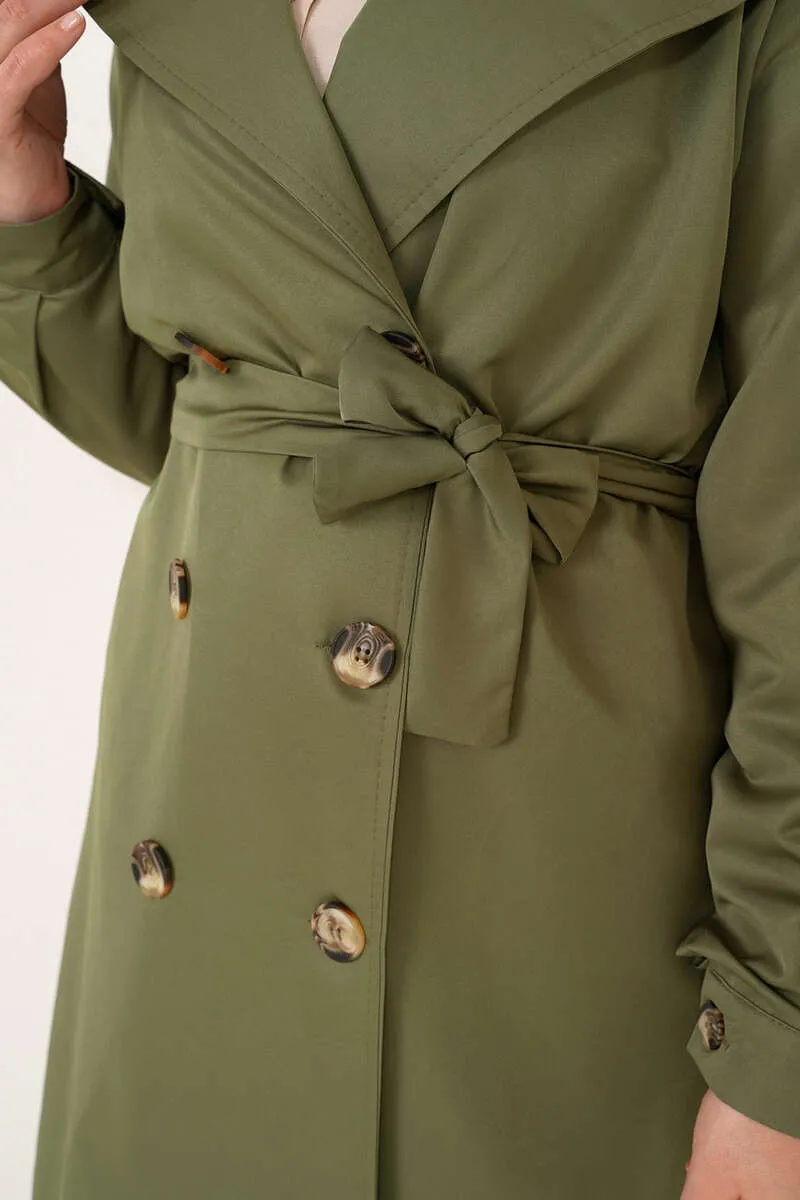 Three-Button Double-Breasted Trench Coat - Khaki