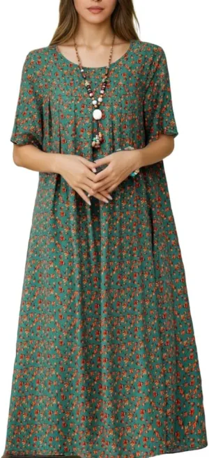 TIAFORD Womens Colorful Boho Floral Print Short Sleeve Crew Neck Midi Dress Casual Beach Sundresses for Women with Pockets
