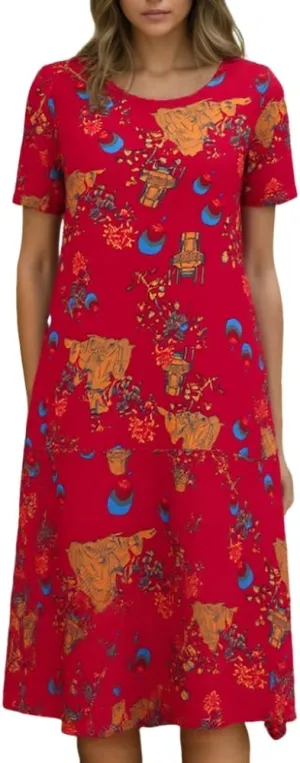 TIAFORD Womens Colorful Boho Floral Print Short Sleeve Crew Neck Midi Dress Casual Beach Sundresses for Women with Pockets