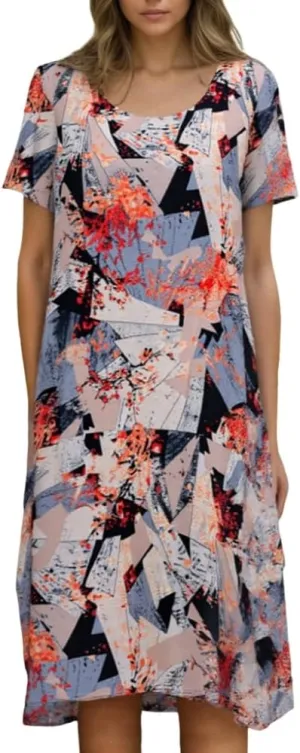 TIAFORD Womens Colorful Boho Floral Print Short Sleeve Crew Neck Midi Dress Casual Beach Sundresses for Women with Pockets
