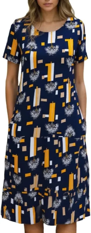 TIAFORD Womens Colorful Boho Floral Print Short Sleeve Crew Neck Midi Dress Casual Beach Sundresses for Women with Pockets