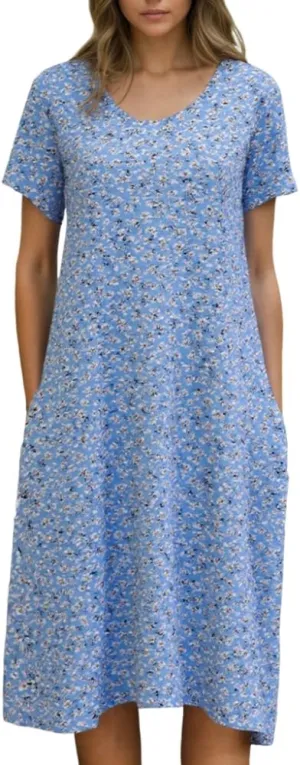 TIAFORD Womens Colorful Boho Floral Print Short Sleeve Crew Neck Midi Dress Casual Beach Sundresses for Women with Pockets