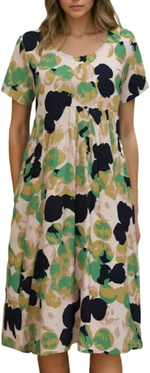 TIAFORD Womens Colorful Boho Floral Print Short Sleeve Crew Neck Midi Dress Casual Beach Sundresses for Women with Pockets