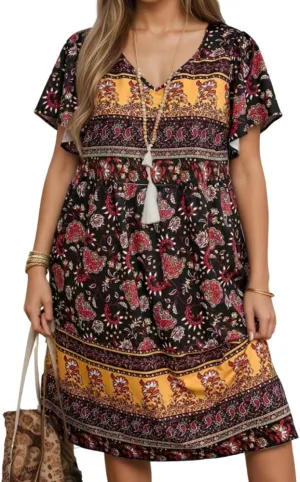 TIAFORD Womens Summer Boho Floral Print Short Sleeve T Shirt Dress A Line Casual Loose Flowy V Neck Beach Midi Dresses