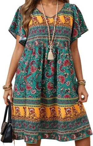 TIAFORD Womens Summer Boho Floral Print Short Sleeve T Shirt Dress A Line Casual Loose Flowy V Neck Beach Midi Dresses