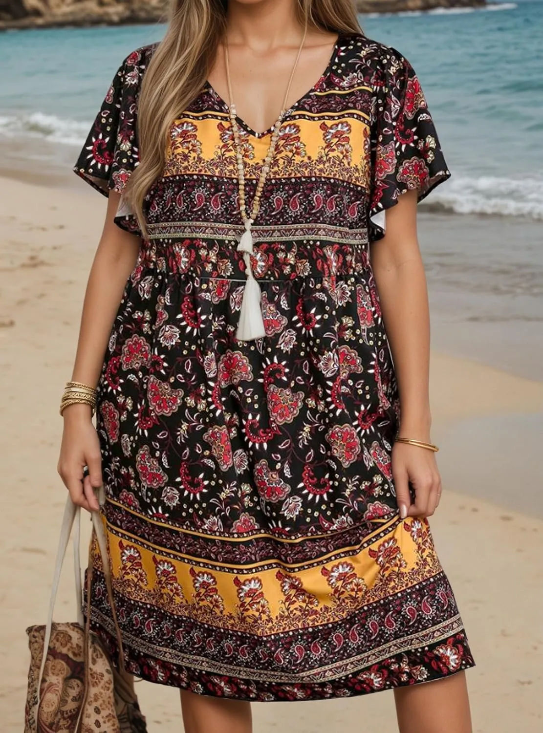 TIAFORD Womens Summer Boho Floral Print Short Sleeve T Shirt Dress A Line Casual Loose Flowy V Neck Beach Midi Dresses