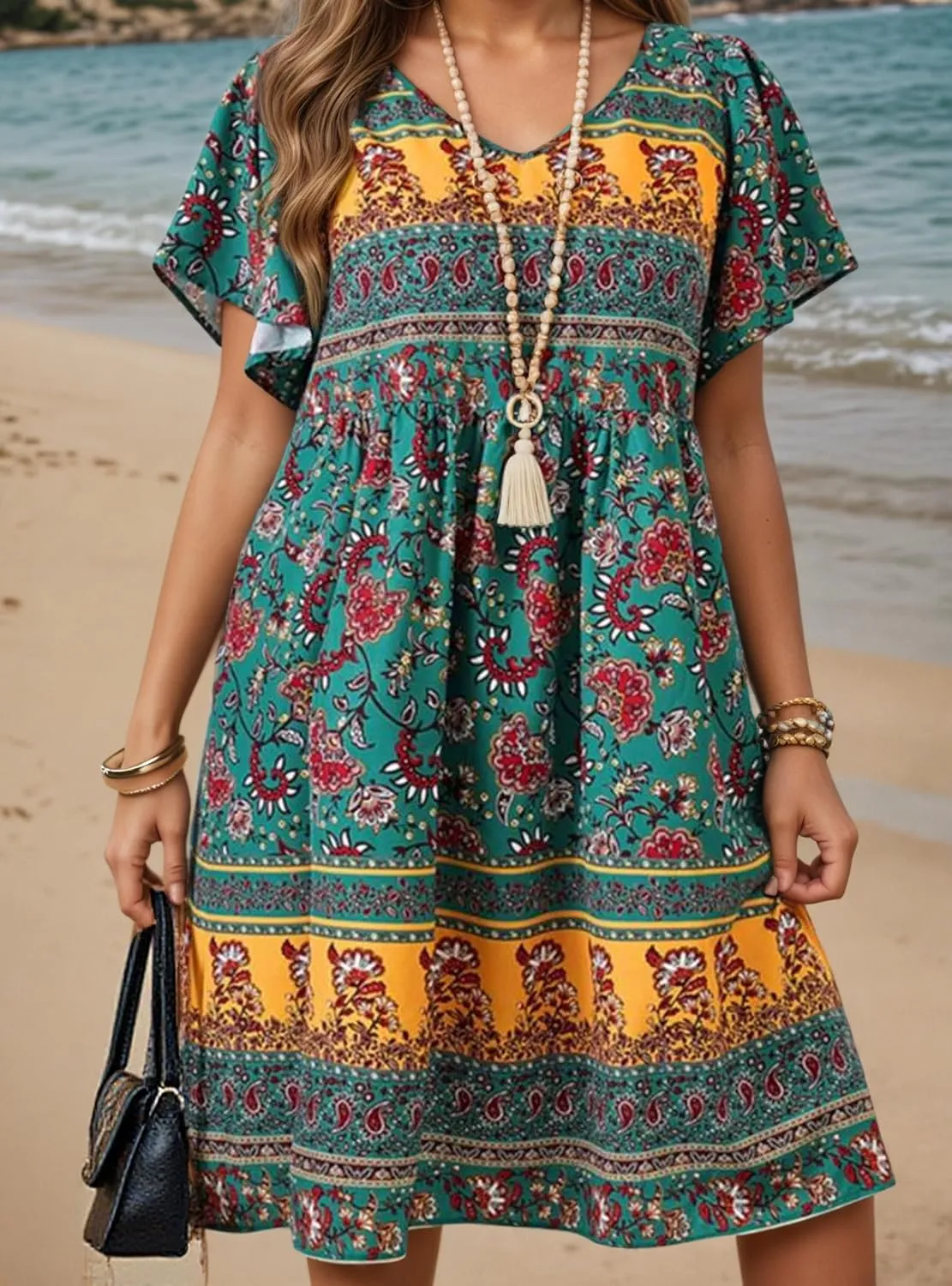 TIAFORD Womens Summer Boho Floral Print Short Sleeve T Shirt Dress A Line Casual Loose Flowy V Neck Beach Midi Dresses
