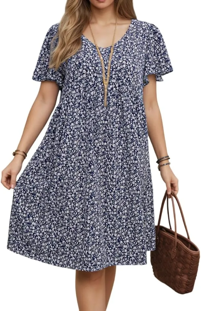 TIAFORD Womens Summer Boho Floral Print Short Sleeve T Shirt Dress A Line Casual Loose Flowy V Neck Beach Midi Dresses