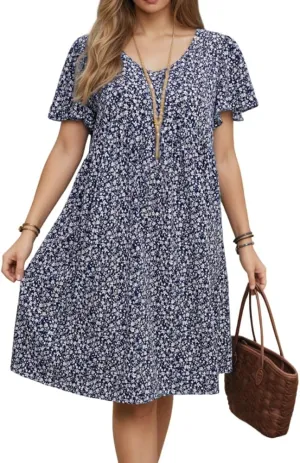TIAFORD Womens Summer Boho Floral Print Short Sleeve T Shirt Dress A Line Casual Loose Flowy V Neck Beach Midi Dresses