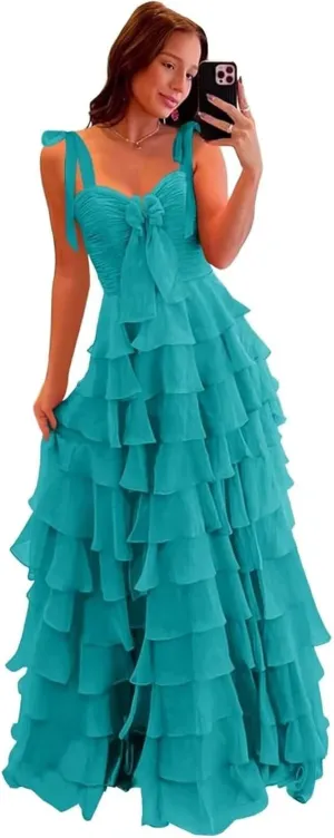 Tiered Prom Dresses with Bow 2025 Spaghetti Straps Long Layered Ruffle Chiffon Ball Gowns with Slit IMC066