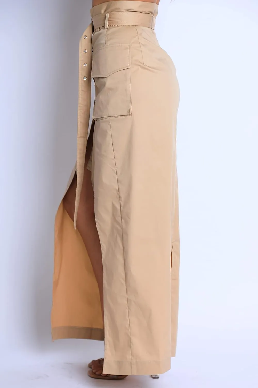 TOO HOT FASHIONS Women's Modern Asymmetric Pockets Detailed Back and Front Slits Self Belted Button Front Maxi Skirt