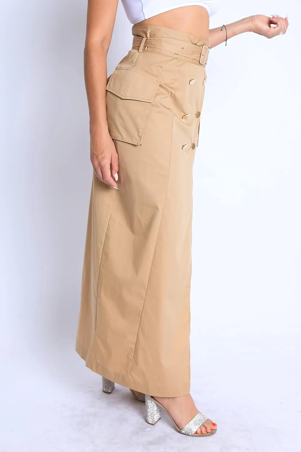 TOO HOT FASHIONS Women's Modern Asymmetric Pockets Detailed Back and Front Slits Self Belted Button Front Maxi Skirt