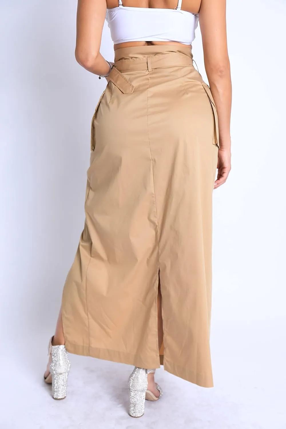 TOO HOT FASHIONS Women's Modern Asymmetric Pockets Detailed Back and Front Slits Self Belted Button Front Maxi Skirt