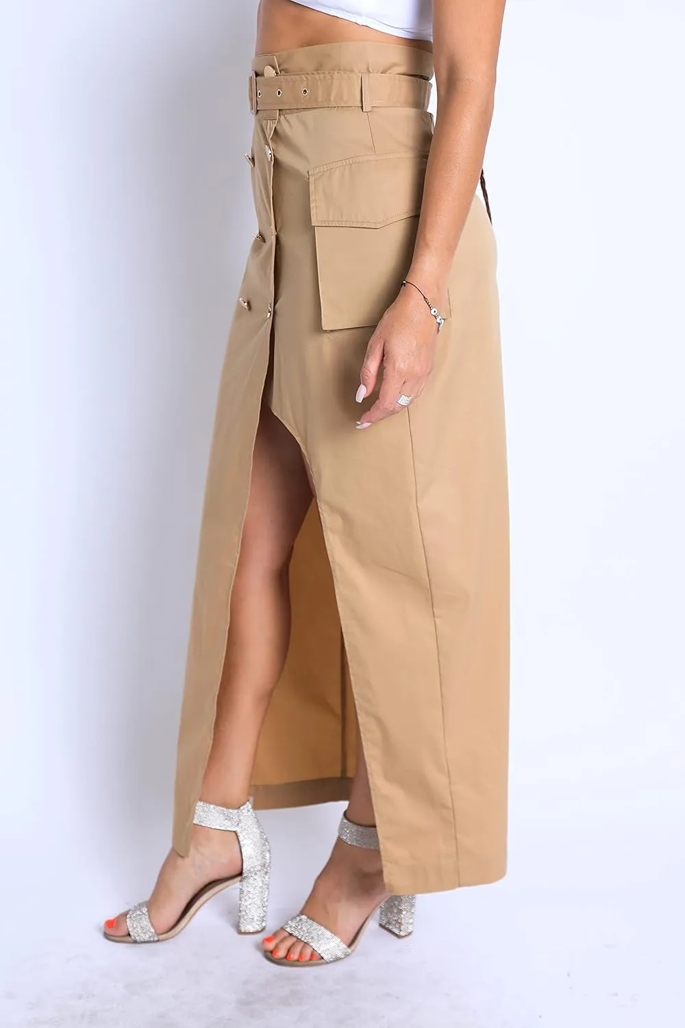 TOO HOT FASHIONS Women's Modern Asymmetric Pockets Detailed Back and Front Slits Self Belted Button Front Maxi Skirt