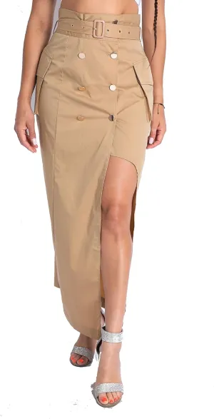 TOO HOT FASHIONS Women's Modern Asymmetric Pockets Detailed Back and Front Slits Self Belted Button Front Maxi Skirt