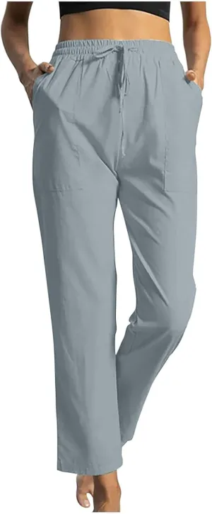 Trendy Pants for Women,Wwomens Casual Summer 2025 Drawstring Elastic High Waist Pant Comfy Solid Wide Leg Trouser