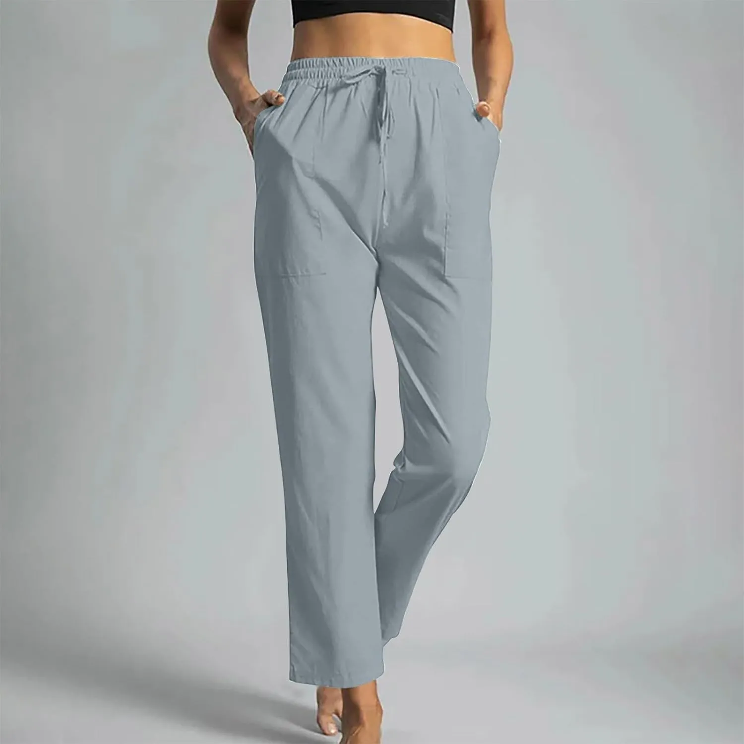 Trendy Pants for Women,Wwomens Casual Summer 2025 Drawstring Elastic High Waist Pant Comfy Solid Wide Leg Trouser
