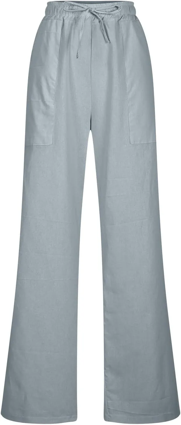 Trendy Pants for Women,Wwomens Casual Summer 2025 Drawstring Elastic High Waist Pant Comfy Solid Wide Leg Trouser