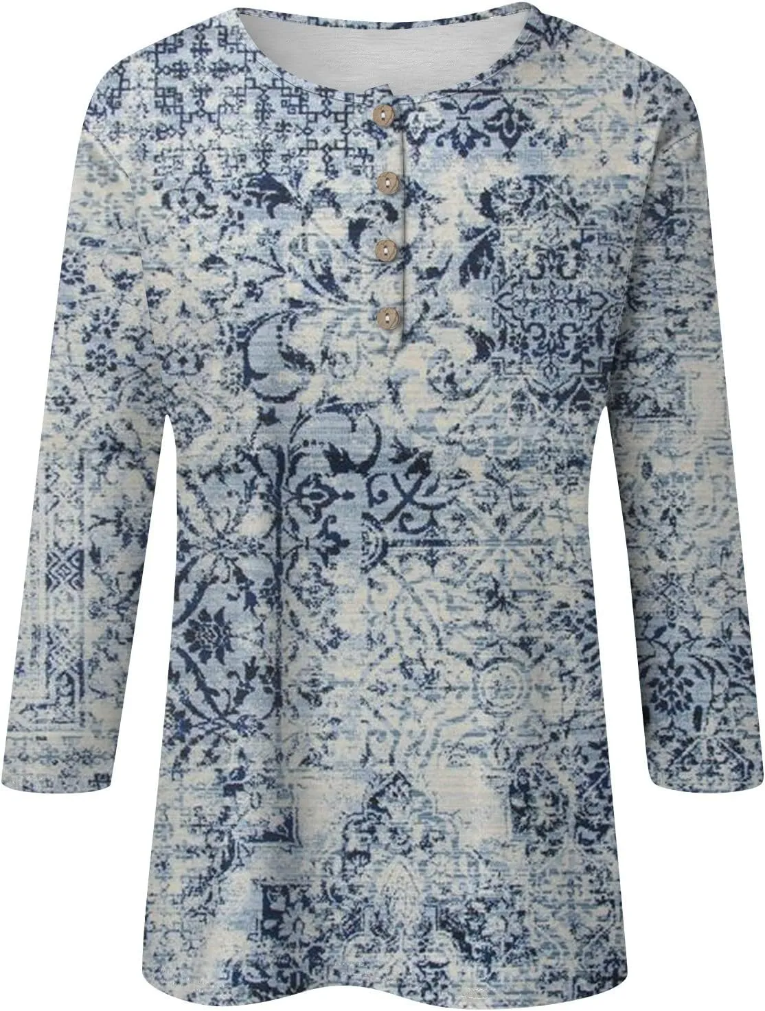 Trendy Tops for Women 2024 3/4 Length Sleeve Crew-Neck T Shirts Flower Printing Loose Casual Blouses