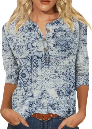 Trendy Tops for Women 2024 3/4 Length Sleeve Crew-Neck T Shirts Flower Printing Loose Casual Blouses