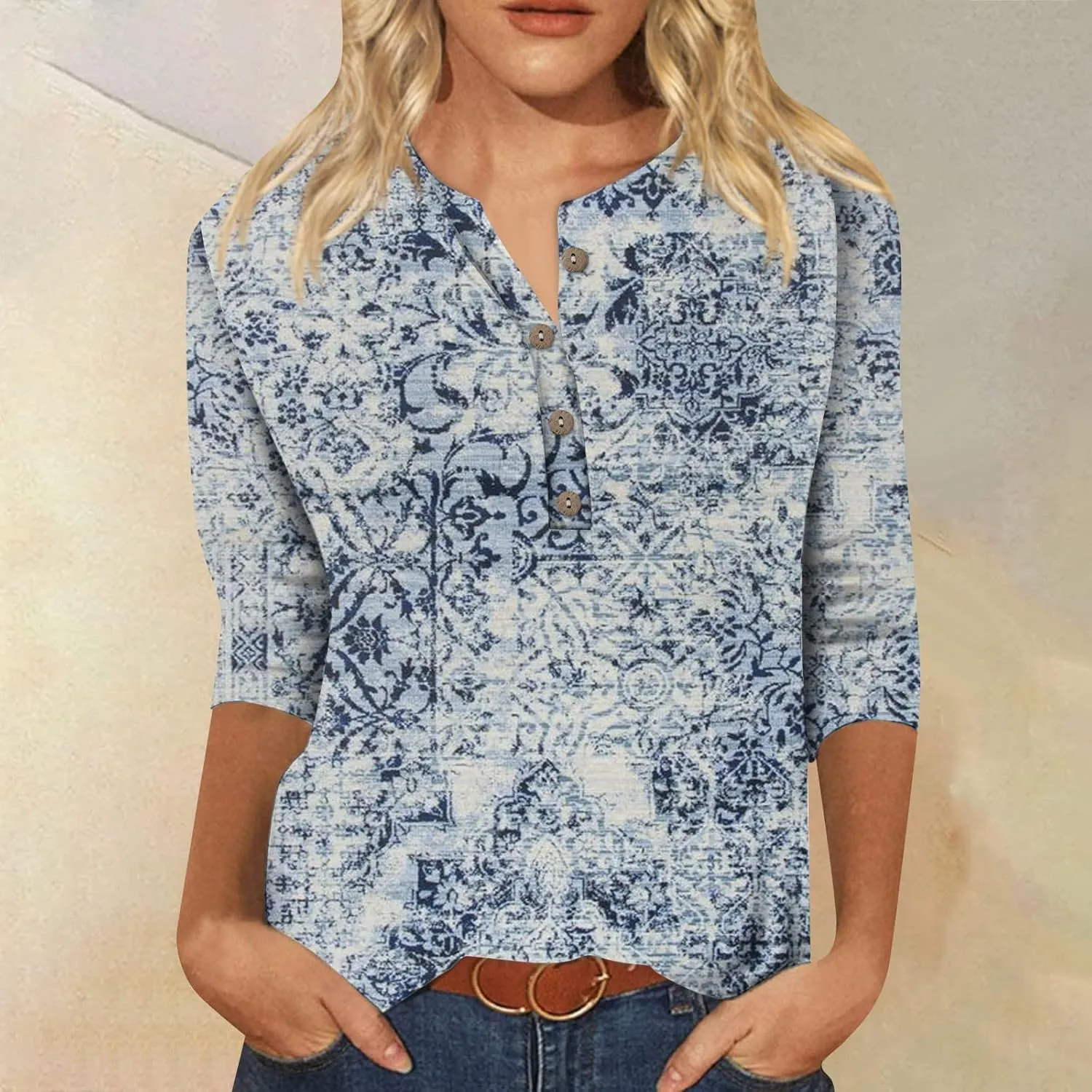 Trendy Tops for Women 2024 3/4 Length Sleeve Crew-Neck T Shirts Flower Printing Loose Casual Blouses