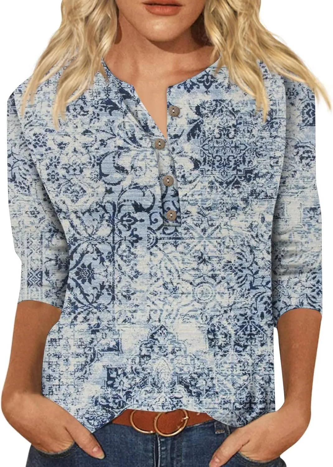 Trendy Tops for Women 2024 3/4 Length Sleeve Crew-Neck T Shirts Flower Printing Loose Casual Blouses