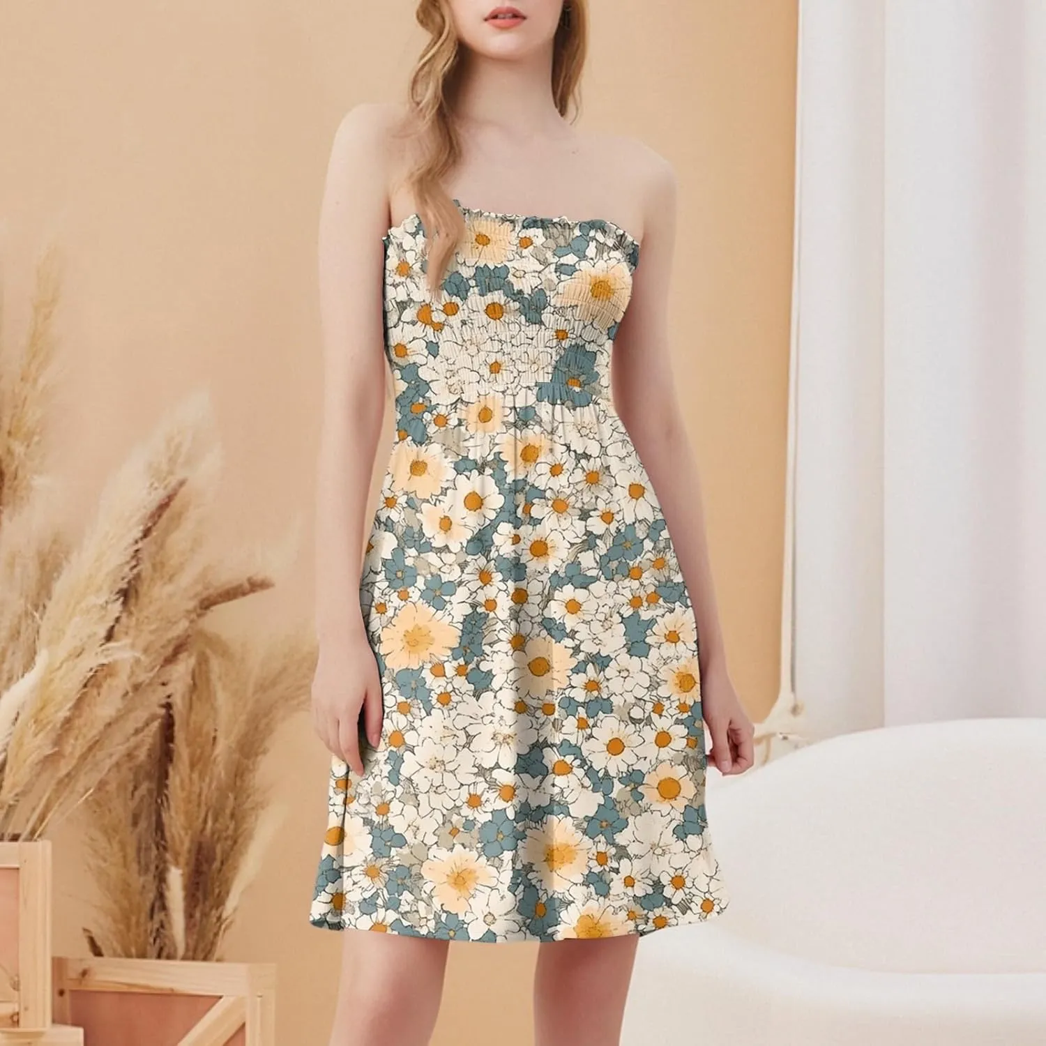 Tube Top Dress-Summer Strapless Dress Beach Vacation Floral Sundresses