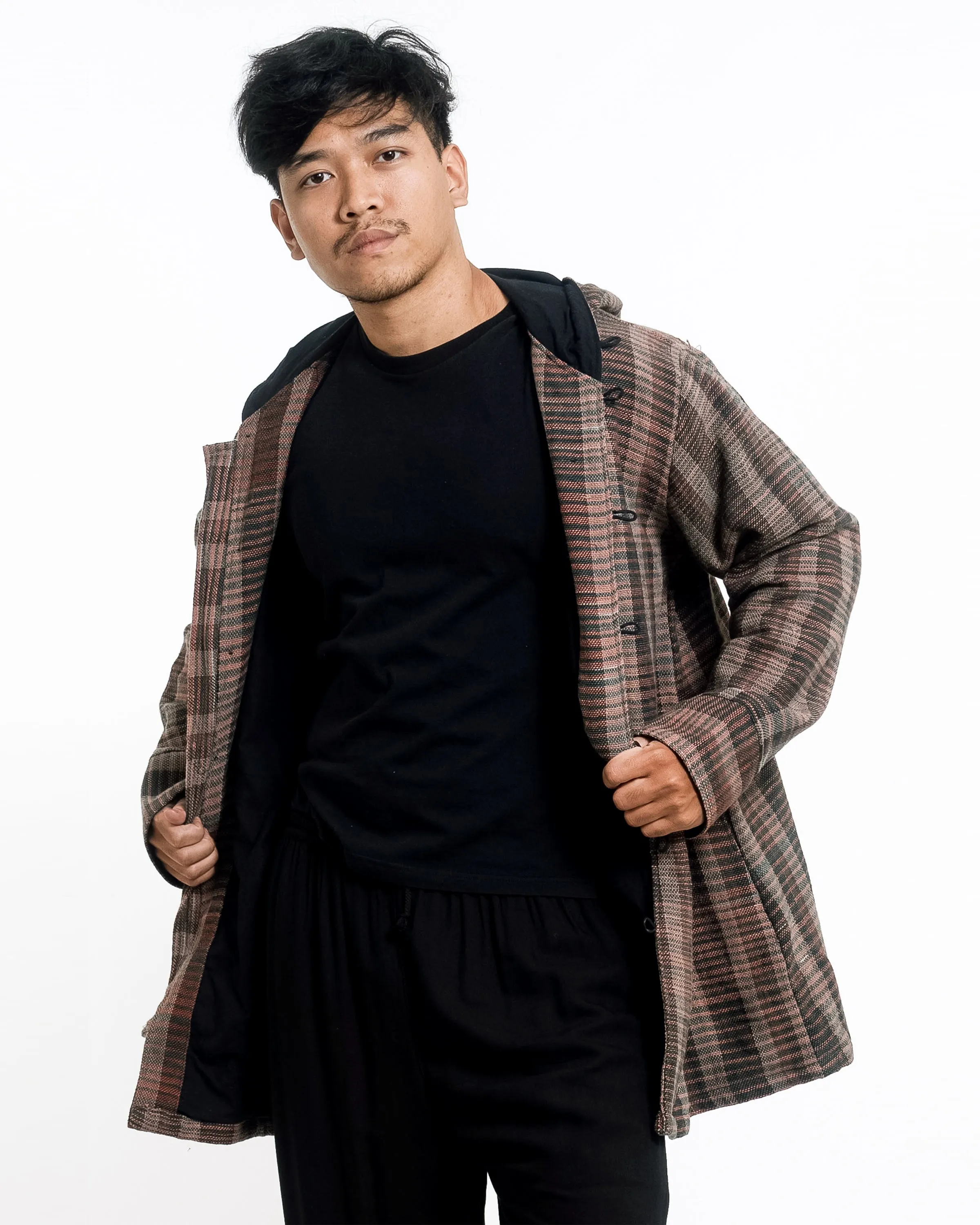 Unisex Oversized Light Hooded Button Hand-Woven Cotton Jacket in Brown