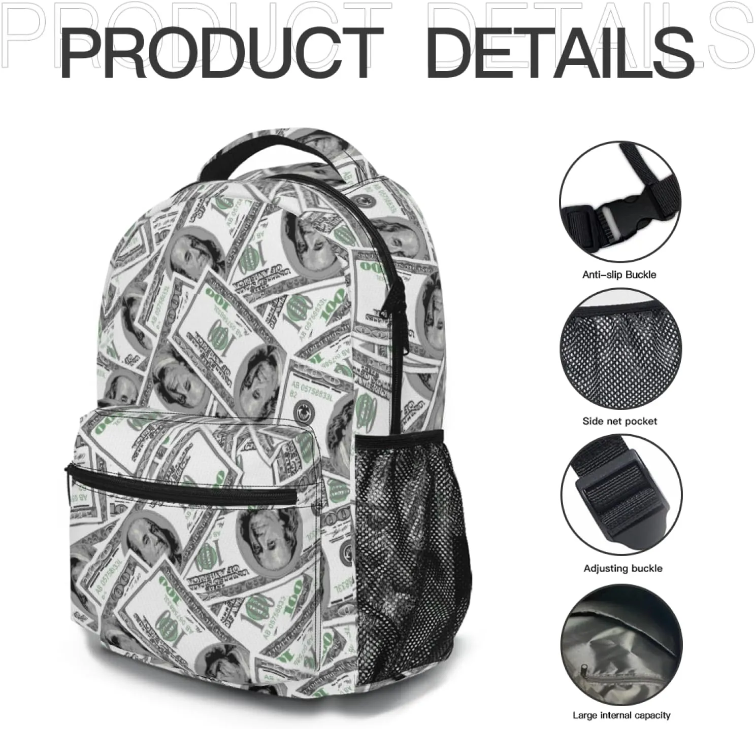 Us Bill Dollars Money Funny Backpack Book Bag Lightweight Casual Daypack for Women Men Travel Laptop 17 Inch