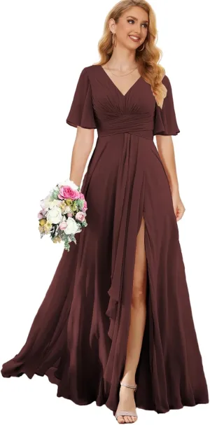 V Neck Bridesmaid Dresses for Wedding Chiffon Wedding Guest Dress with Sleeves Long Formal Gown