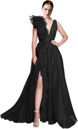 V Neck Tulle Prom Dresses for Women Sexy 3D Flower Split Long Formal Evening Dress A Line Floor Length Party Gown