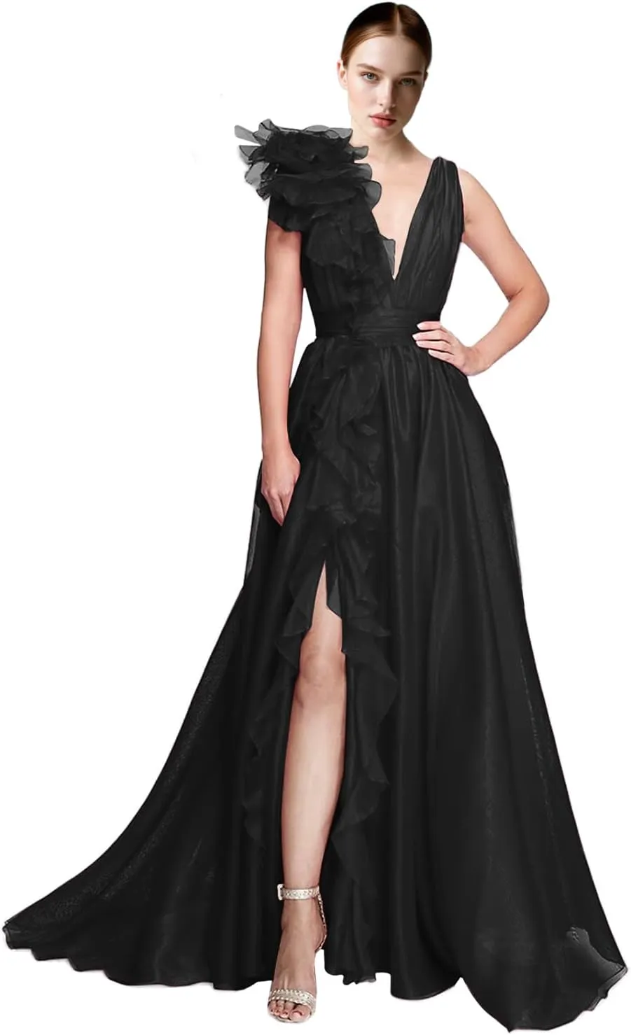 V Neck Tulle Prom Dresses for Women Sexy 3D Flower Split Long Formal Evening Dress A Line Floor Length Party Gown