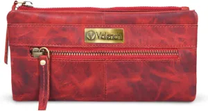 VALENCHI Leather Wallet For Women RFID Blocking Slim Minimalist Ladies Long Clutch Purse Organizer Credit Card Holder Slots with Zipper Pocket (Red Vintage)