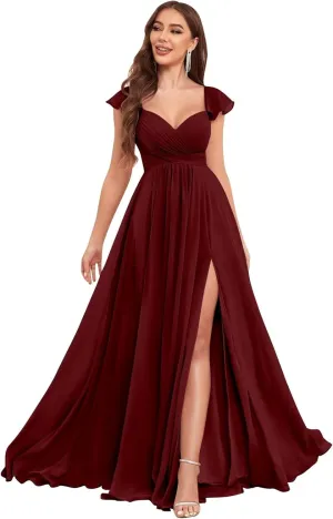VCCICANY Ruffle Chiffon Bridesmaid Dresses with Slit Pleated Prom Dress with Pockets Evening Formal Gown