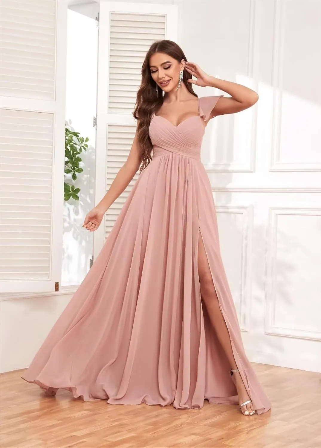 VCCICANY Ruffle Chiffon Bridesmaid Dresses with Slit Pleated Prom Dress with Pockets Evening Formal Gown