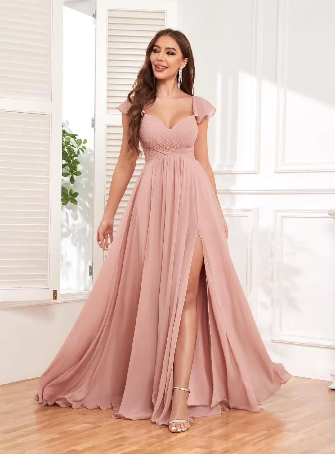VCCICANY Ruffle Chiffon Bridesmaid Dresses with Slit Pleated Prom Dress with Pockets Evening Formal Gown