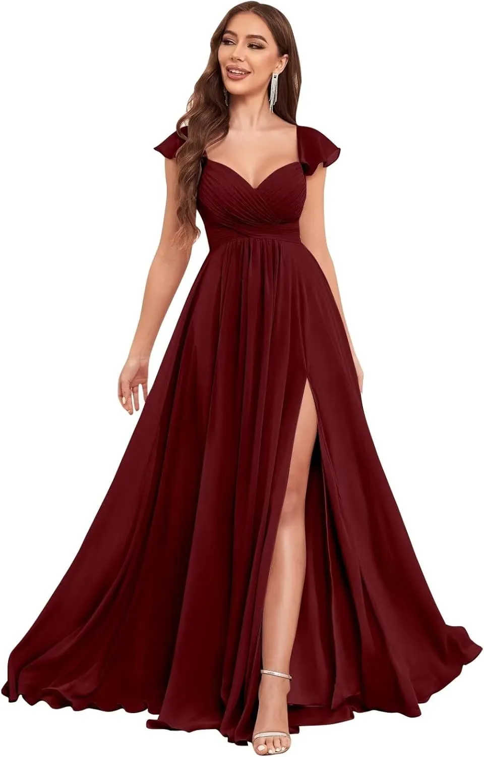 VCCICANY Ruffle Chiffon Bridesmaid Dresses with Slit Pleated Prom Dress with Pockets Evening Formal Gown